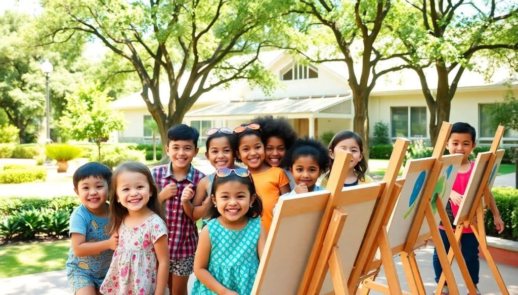 happy children with easels and paintings - Children’s Home in San Benito, TX