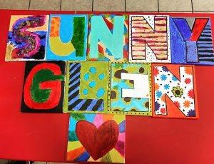 A colorful collection of 10 individual art pieces, each featuring a letter or a design, spelling out "SUNNY GLEN" from a Christian Children’s Care Home Near Edinburg TX