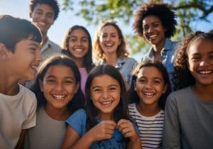 Children and caring adults smiling together at a secure children’s home, reflecting safety, love, and renewed hope.