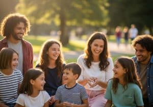 A multi-generational family, including adults and several children, is gathered outdoors in what appears to be a park or natural setting.