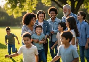 A multi-generational family, including adults, teenagers, and young children, laughs and plays together outdoors in a sunny park.