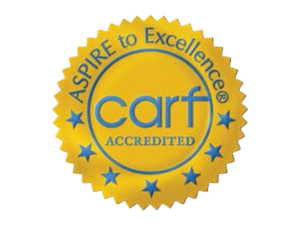 Gold CARF Aspire to Excellence accreditation seal representing Sunny Glen's status as a CARF-accredited children's home